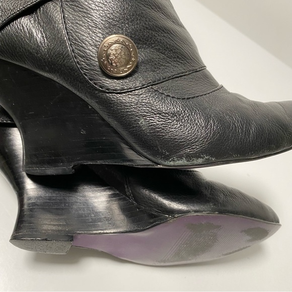 Black leather wedge heel tall boots with button detailing - Picture 13 of 16